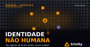 Ilustração de rede de nós conectados com cadeado central representando identidades não humanas de agentes de IA — Trinity TI