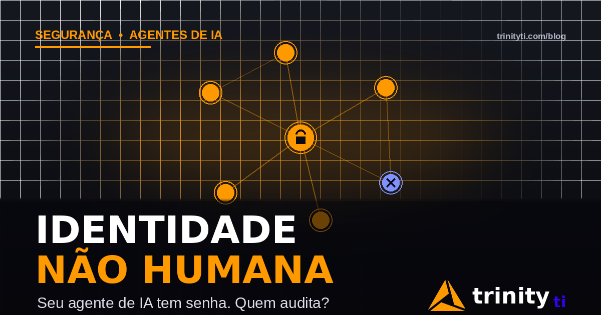 Ilustração de rede de nós conectados com cadeado central representando identidades não humanas de agentes de IA — Trinity TI