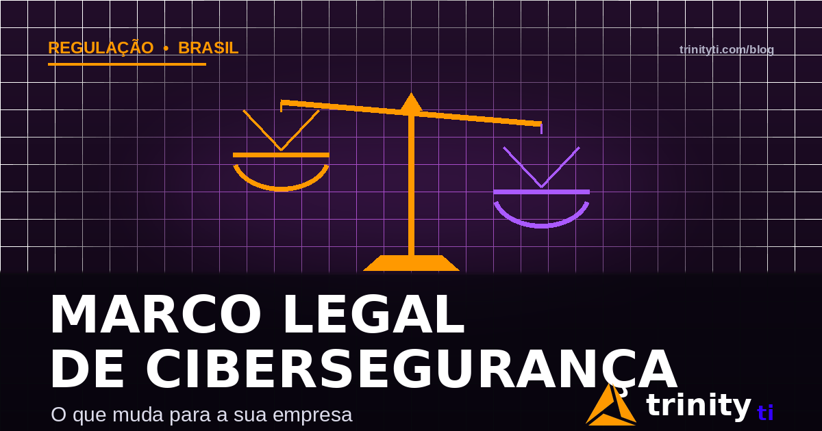 Balança da justiça estilizada sobre grade digital, representando o Marco Legal de Cibersegurança — Trinity TI