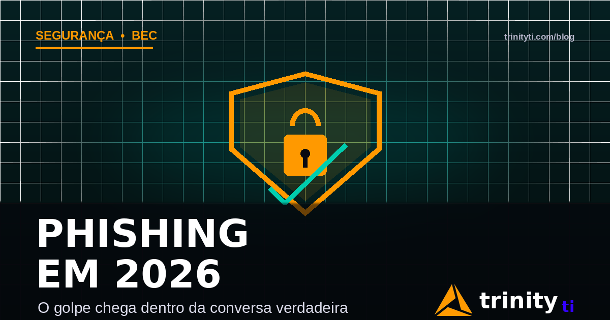 Escudo com cadeado sobre grade digital e o texto Phishing em 2026 — Trinity TI