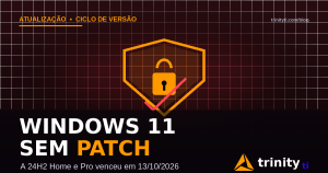 Escudo com cadeado aberto e a frase Windows 11 sem patch — fim de suporte da versão 24H2 Home e Pro — Trinity TI